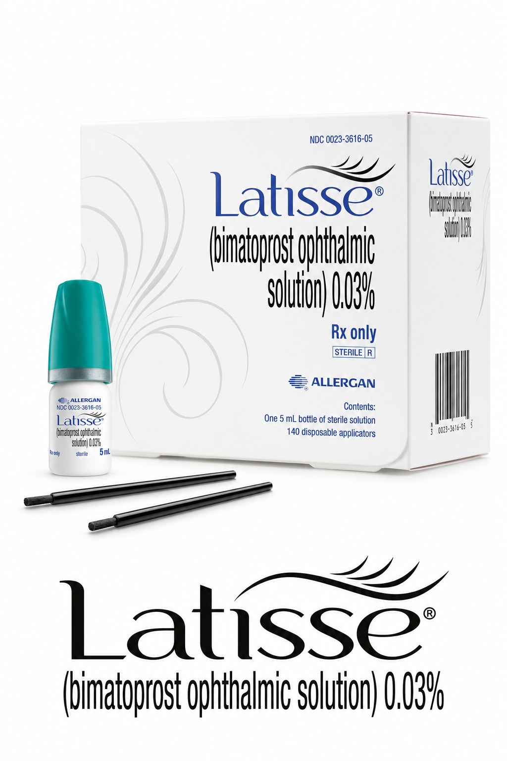 Latisse eyelash growth treatment with bottle, applicators and packaging