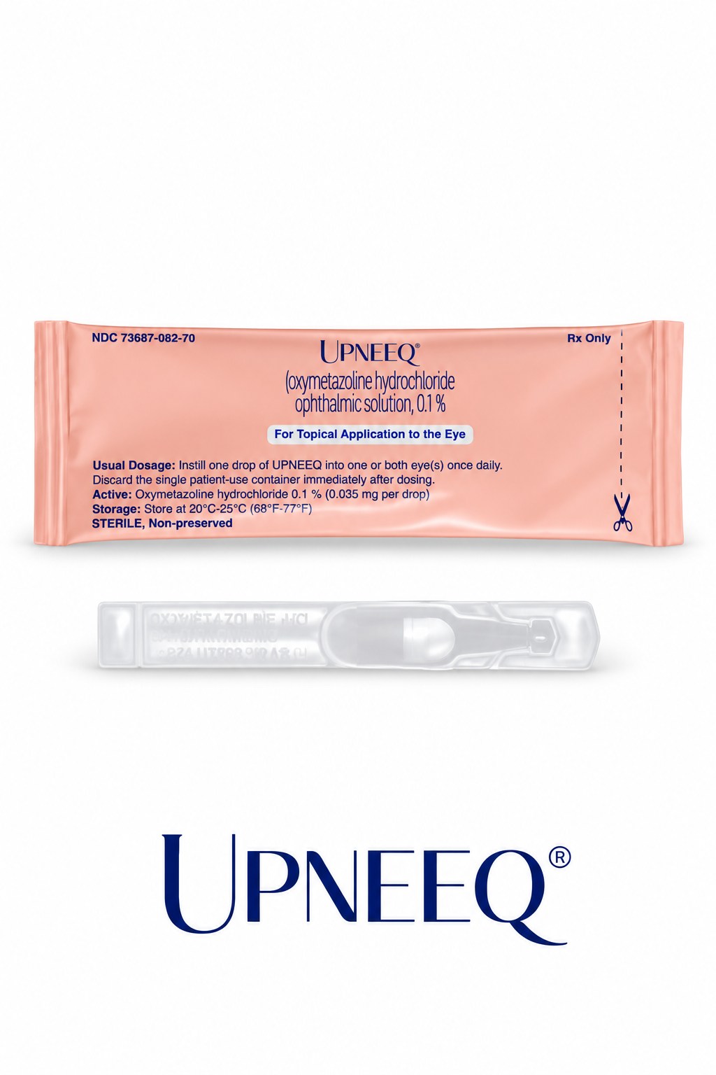 Upneeq prescription eye drop pouch and single-use vial with the Upneeq logo