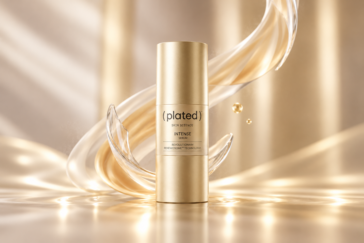 Plated Intense Serum bottle on a gold background